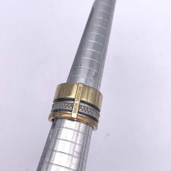 Michael Kors Metallic Tri Tone Pave Rhinestone Stack Barrel Ring Size 6 - Picture 8 of 8